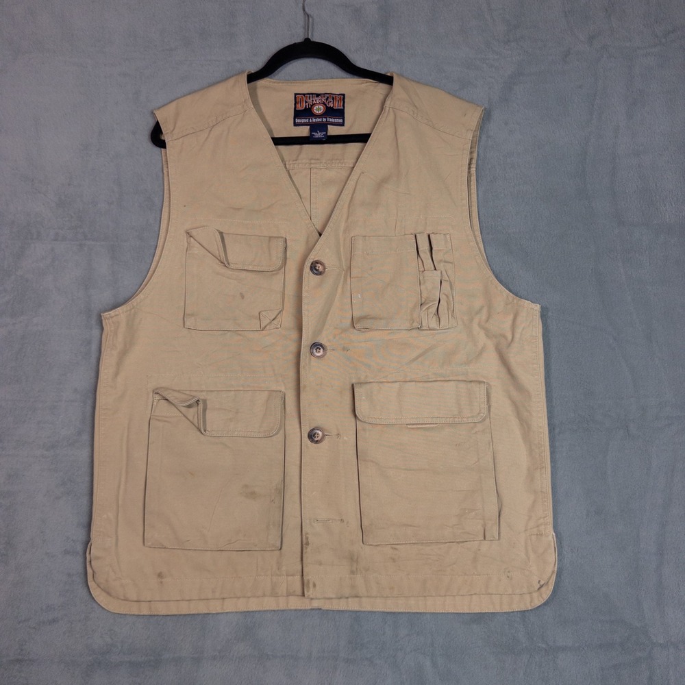 Duluth Trading Co Utility Vest Mens Large Tan Fair Canvas Multi-Pocket Workwear